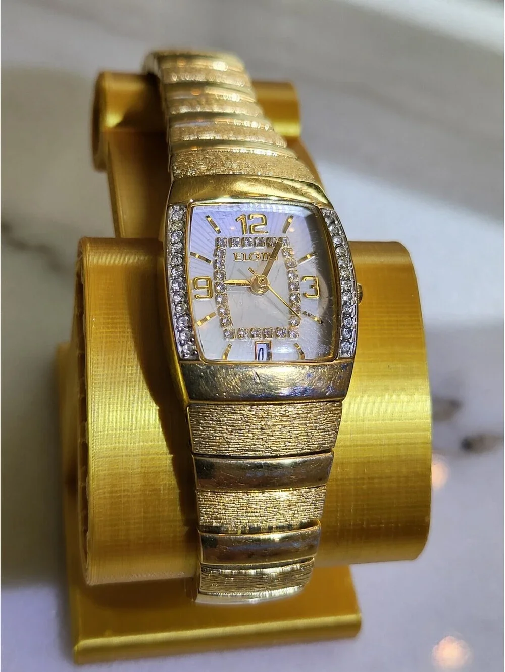 Elgin Womens GoldTone Dress Watch Crystal Bracelet Quartz Analog EG354 Works EUC